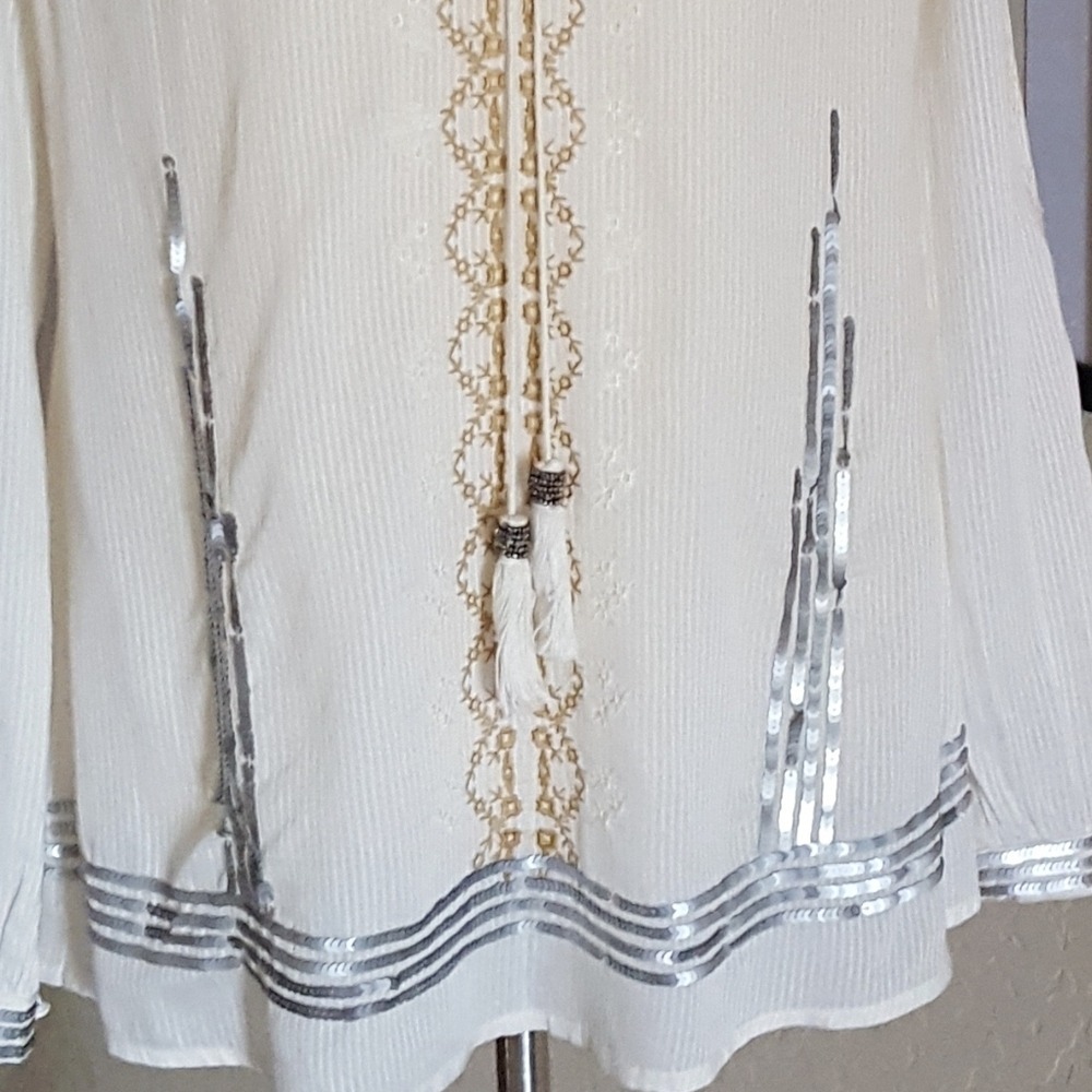 Sundance Ivory Embroidered Sequin Lace Up Boho Peasant Blouse Small - Picture 6 of 7